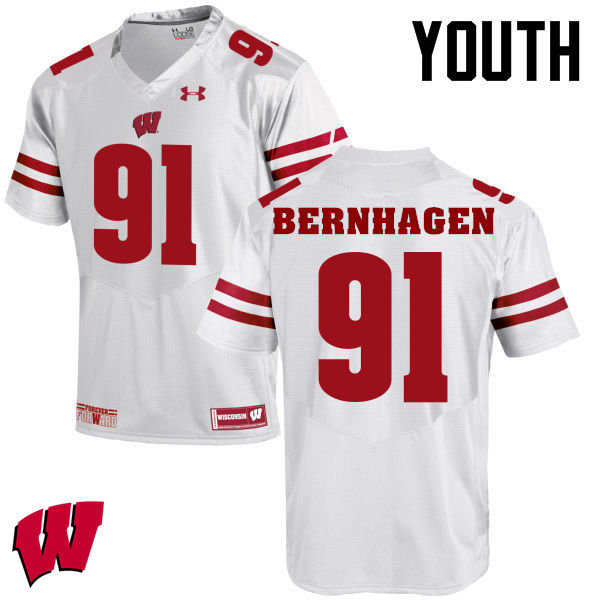 Youth Winsconsin Badgers #91 Josh Bernhagen College Football Jerseys-White